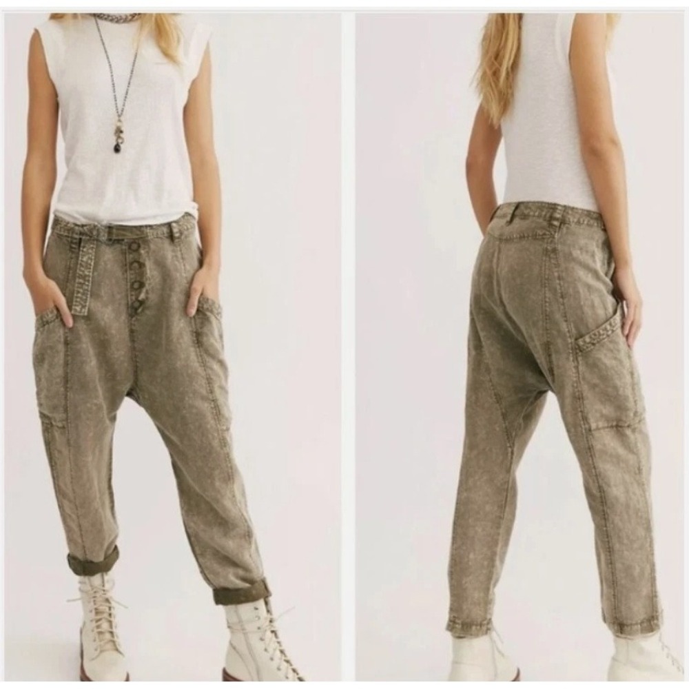 Free People Desert Daze Harem Pants Belted Button Front‎ Olive Women's XS/2